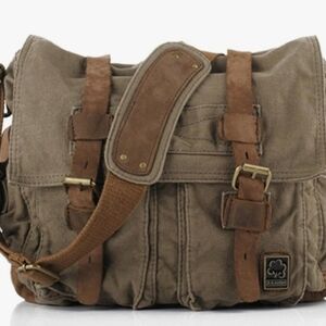 Sechunk Vintage Military Leather Canvas Laptop Bag Messenger Bags Medium